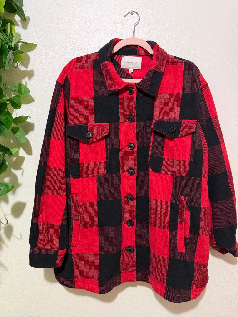 Lucky Brand Heavy Cotton Shacket Buffalo Check L Red Black Button Up Collared
